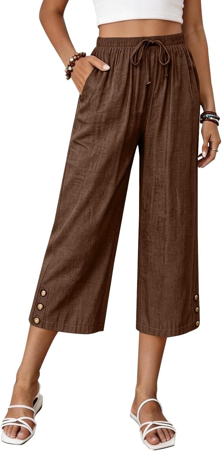 Elastic Waist Lightweight Wide Leg Capri Pants, Loose Pocketed Cropped Trousers for Womens Summer Casual Looks