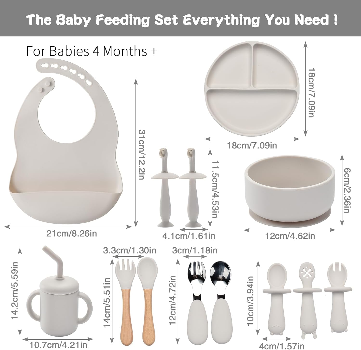 Silicone Baby Feeding Set,13PCS Baby Feeding Essentials with Suction Bowl and Plate,Spoons & Forks,Bib & Cup,Baby Toothbrush,Baby Led Weaning Supplies for 6+ Months,Baby Eating Essentials-White