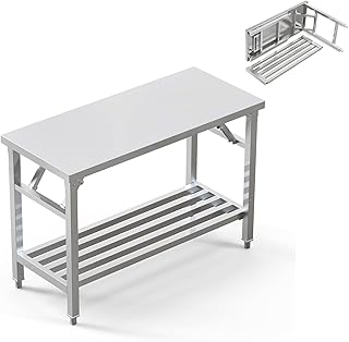 Folding Stainless Steel Table with Adjustable Table Corners and Lower Removable Shelf 20X45 Inches for Outdoor Camping, Maintenance Room, Storage, Kitchen (with undershelf)