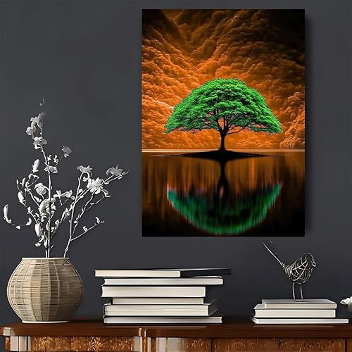 JKEVCBIAX Abstract Artistic Conception Green Tree Art- Peaceful and Beautiful Natural Scenery,Minimalist Aesthetic Canvas Wall Art(21x30cm/No frame)