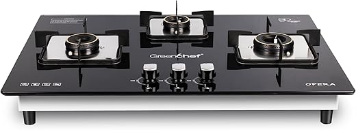 Greenchef Opera Hob top three burner gas stove – Auto Ignition, Toughened Glass, LPG Compatible, Sleek and compact design