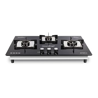 Greenchef Opera Hob top Three burner gas stove – Auto Ignition, Toughened Glass, LPG Compatible, Sleek and compact design, High Thermal Efficiency Brass Ring Burners