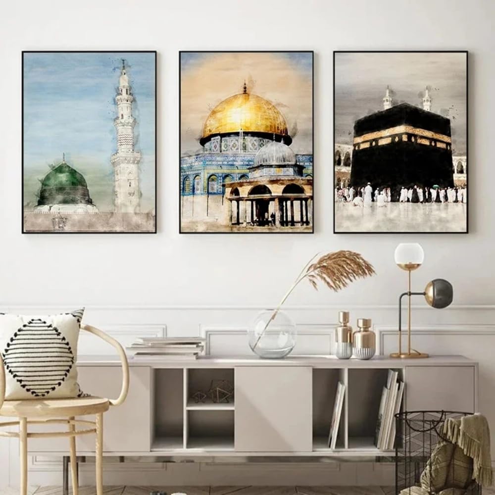 Set Of 3 Canvas Poster Islamic Masjid Mosque Allah Mecca Medina Kaaba Sacred Place Modern Wall Art Painting Gift Bedroom Living Room Dorm Gallery Corridor Decor Picture Prints,50x70 CM (19.7x27.6 In)