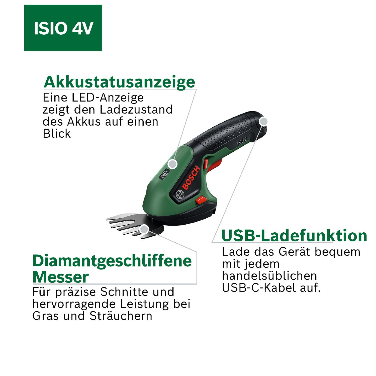 Bosch Akku-Grasschere ISIO 4V (ohne USB-C-Kabel/Ladegerät)
