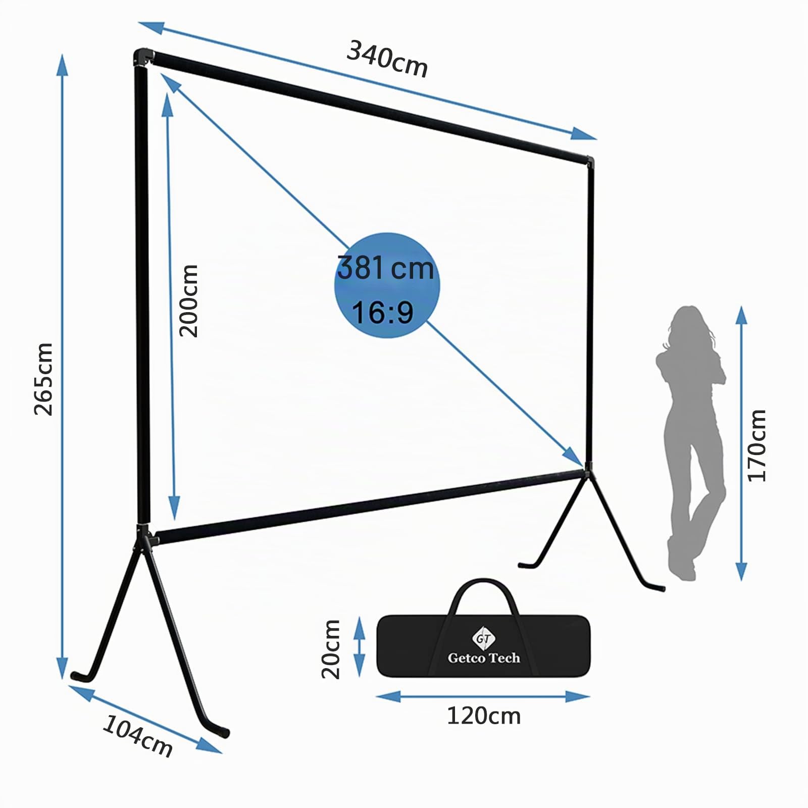 Telo per proiettore (150"), telo con supporto, 16: 9 HD, pieghevole, per interni/esterni, per proiezioni video, per casa, feste, ufficio, aule