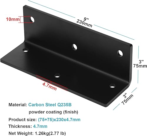 Miniatura 2 de 2 soportes negros de acero resistente de 9 x 3 pulgadas, soporte L de 90 grados, soportes de chimenea para repisa de chimenea, conector de estante