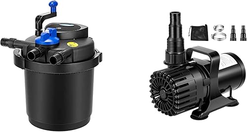 Pressurized Biological Pond Filter with 13-watt Light, 1580 GPH Suitable for Koi and Ornamental Ponds and 100W 1800GPH Submersible Water Pump