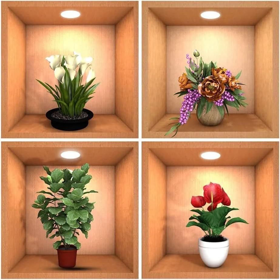 3D Creative Simulation Plant Vase Flower Pot Wall Reusable Self-Adhesive Stickers for Living Room, Study, Office, Waterproof Decorative Stickers - Pack of 4 (4PC-Brown-Mix-Pot)-image-4