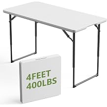 4FT Folding Table 3 Levels Adjustable Height, Heavy Duty Fold-in-Half Portable Table, 400 lbs Capacity Foldable Table for Party Dining Camping Events Picnic Outdoor Indoor Use
