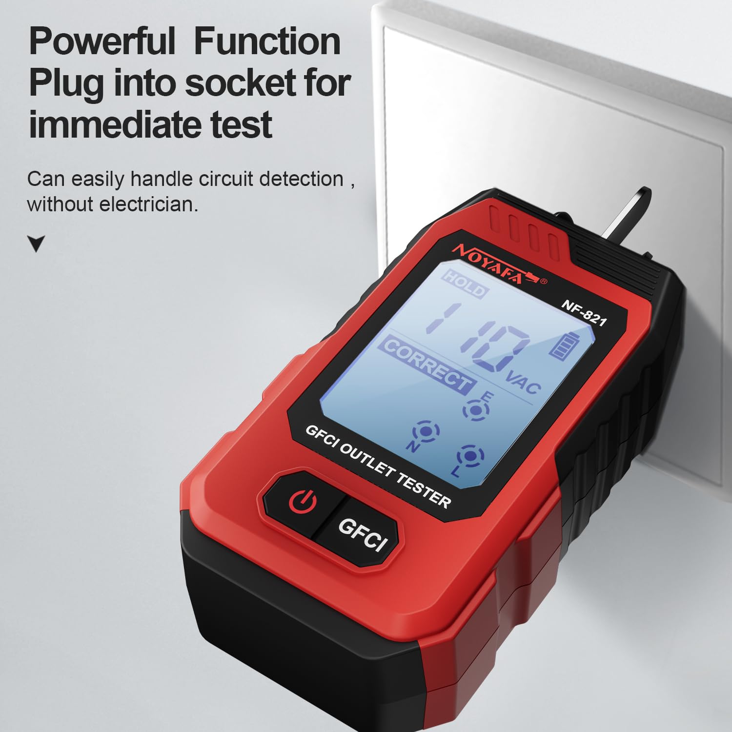 NOYAFA NF-821 plugged into an outlet showing correct wiring