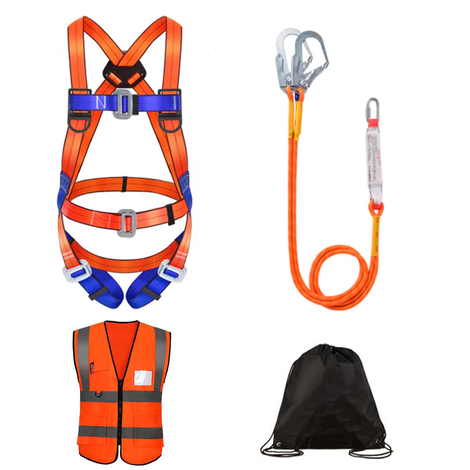 Conjunto Arnés Anticaídas: Arnés de 5 Puntos, 2 Ganchos, 2m de Cuerda de Seguridad, Dispositivo de Captura + Regalo: Chaleco Reflectante y Mochila