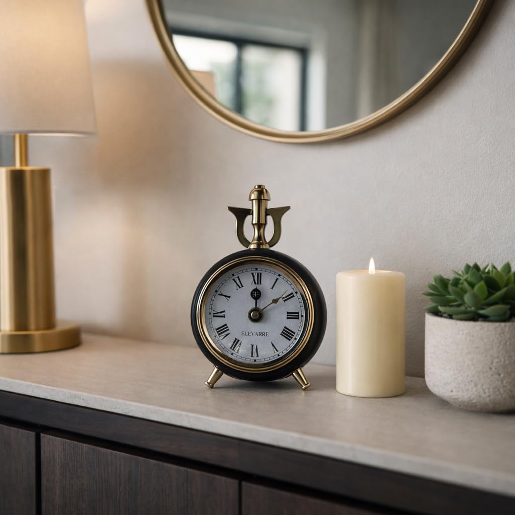 Round Brass Clock for Living Room Decor - Small Desk Clock with Roman Numerals for Mantel - Modern Transitional Style Accent for Table Display for Home or Office Desk - 6”, Black & Gold