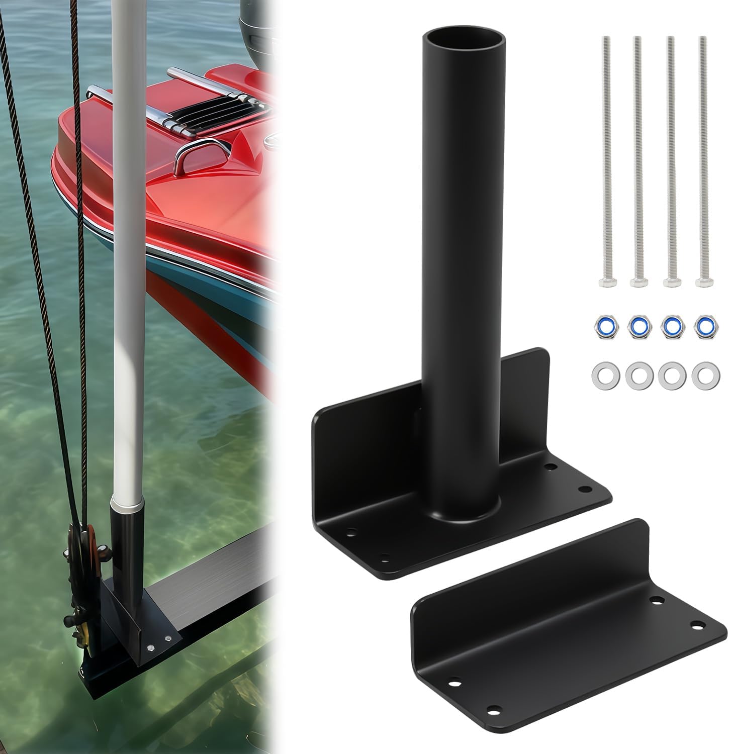 Boat Lift Guide Post Bracket with Drainage Hole, Stainless Steel Boat Lift Guide for Guiding & Protecting Boat/Lift, L - Shaped Base Integrated Design, Fits 4″x6″, 5″x8″ & 6″x10″ Bottom I - Beams