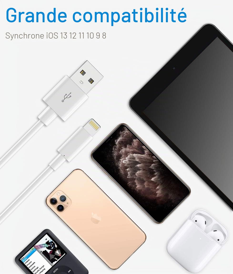 Quntis Lot de 3 Câble de Chargeur iPhone 2M, MFi Certifié Câble, Fil Lightning Charge Rapide pour iPhone 11 12 13 14 Pro 13 Mini XS Max XR X 8 7 6s 6 Plus 5 Se iPad Chargeur, Cordon iPhone Blanc