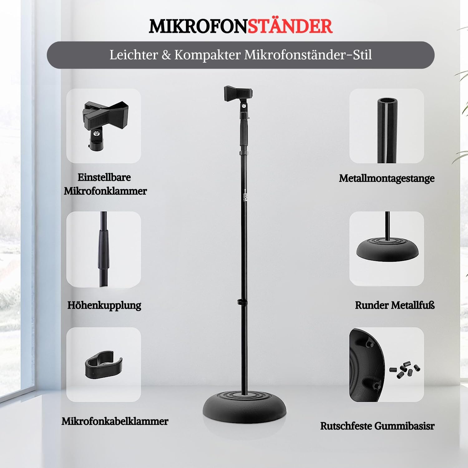 Pyle Mikrofonständer mit Rundfuß – Höhenverstellbares Mikrofonstativ 85–152 cm mit 5/8" (16 mm) Gewinde – Stabil & kompakt für Bühne, Studio, Sprachaufnahme, Auftritt, Podcast & Proberaum