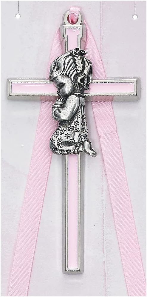 CatholicStore Prayng Girl Cross with Pink Enamel & Ribbon, Fine Pewter, 3-1/2".