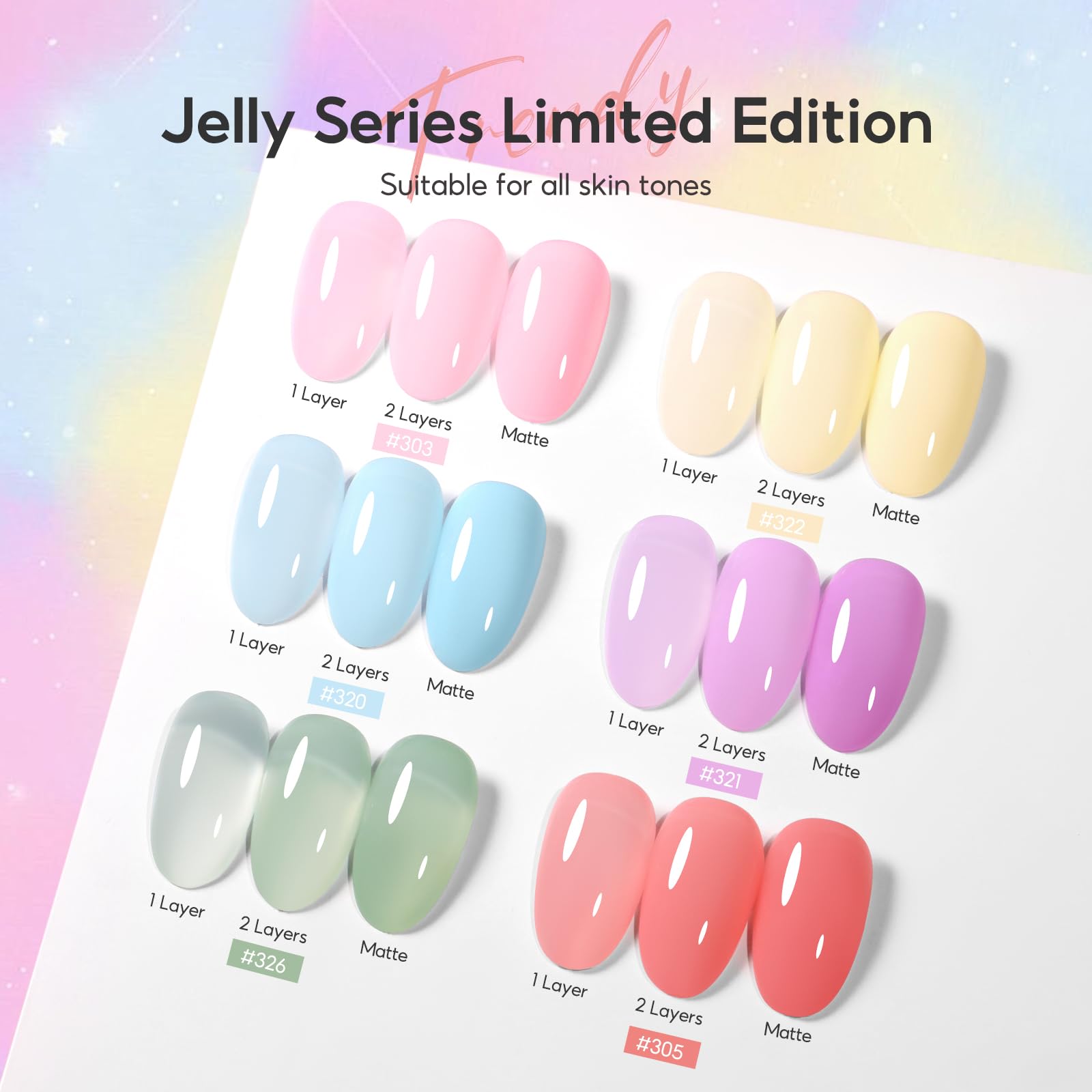 PEACECOLOR Lakier hybrydowy UV - 6 kolorów Jelly Gel Nail Polish Żółty Zielony Niebieski Różowy Fioletowy, Przezroczysty Lakier hybrydowy UV Stylizacja paznokci Manicure
