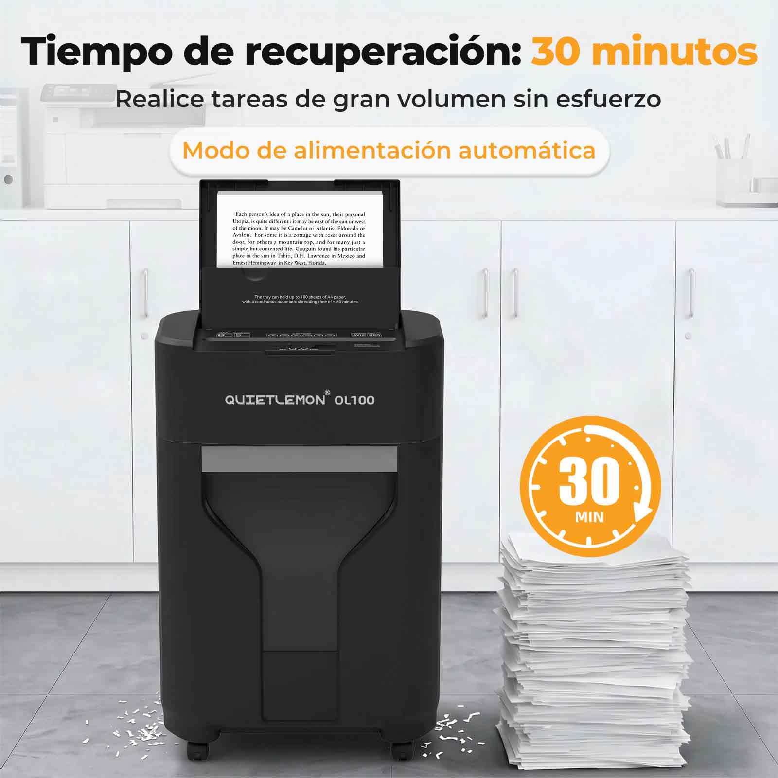 Trituradora de Papel con Alimentación Automática, 60 min Continuo, Nivel P-4, Destructora Eléctrica, Papelera 20L, para Oficina/Casa/Industrial/Hogar (100 Hojas)