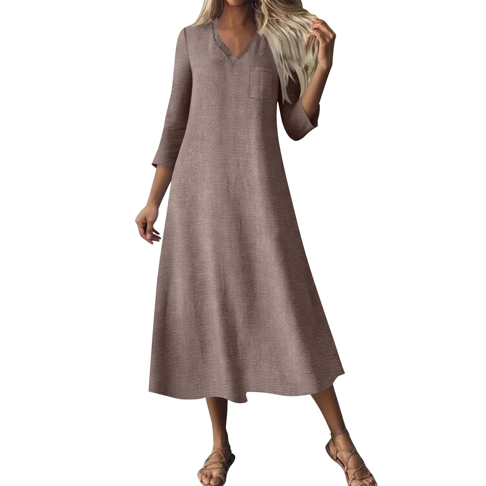 RLEHJN Maxikleider Damen Sommer,Langarm V-Ausschnitt Sommerkleid Boho Kleid Einfarbige Lang Strandkleid Leicht Und Luftig Leinenkleider Freizeitkleid Elegant Casual Kleider Baumwollkleid