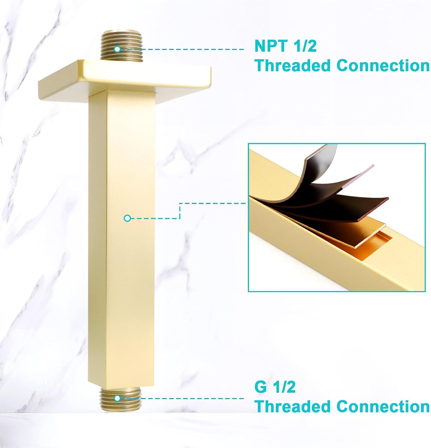 Enga Brass 6 Inch Square Shower Arm with Flange, Ceiling Mount Replacement Rain Shower Head Straight Arm, Brushed Gold