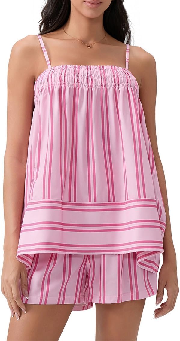 Lordree Women Striped Pajama Set Ruffle Hem Spaghetti Strap Cami Top Wide Leg Shorts Set Y2k 2 Piece Pj Outfits