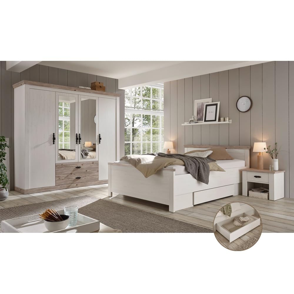 Lomadox Schlafzimmer Komplett im Landhausstil in Pinie weiß Nb. mit Absetzungen in Pinie dunkel Nb.