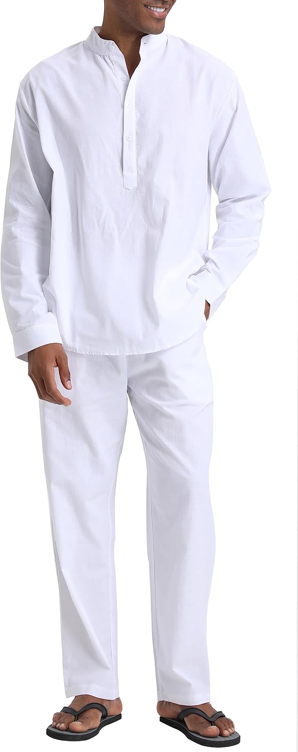 Men's Linen Sets Henley Shirts 2 Piece Vacation Outfits Beach Clothes Casual Suit Long Sleeve Shirt Yoga Pants Summer