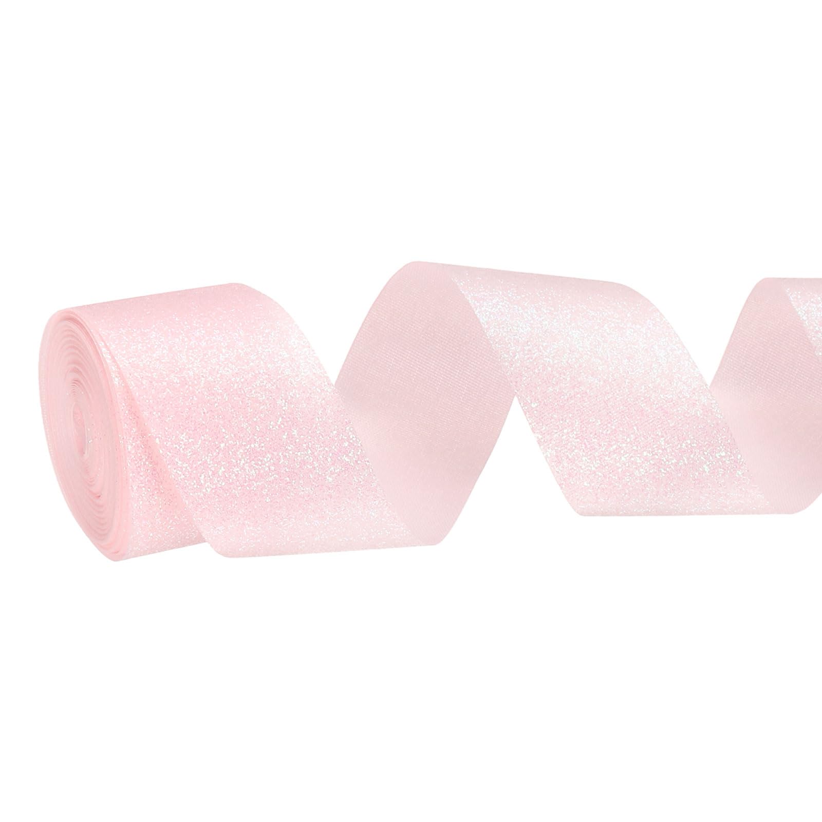 PATIKIL Metallic Glitter Ribbon Roll, 38mm x 9m Sparkly Ribbon Single Sided Cut Edge Gift Wrapping Fabric Rolls for DIY Crafts Wedding Bouquet Party Christmas Decor, Light Pink