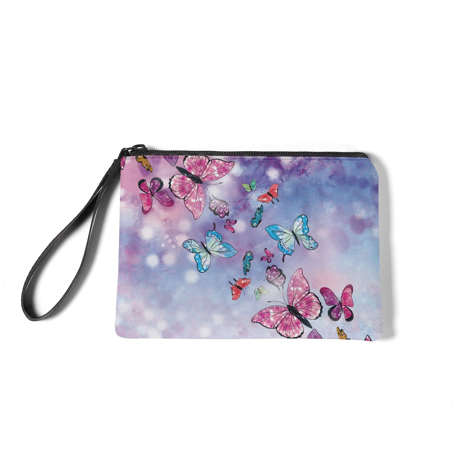 Babrukda Butterfly Blue Pink Print Women Coin Purse Travel Pouch Soft Flannel Change Holder with Zipper Wristlet Strap Wallet Bags for Cards Key For