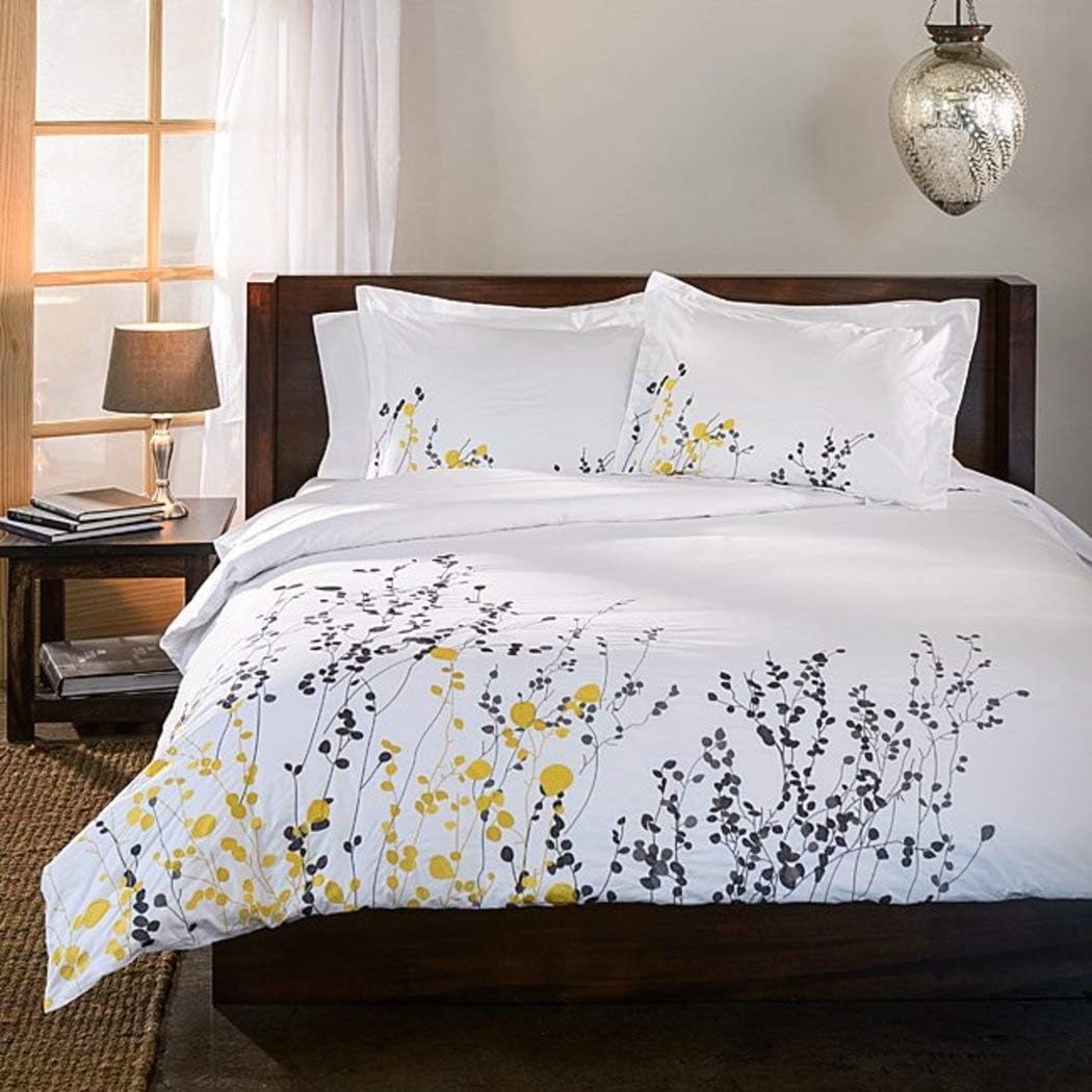 3 Piece White Modern Floral Full Queen Size Duvet Cover Set, Grey Yellow Flowers Spring Theme Bedding, Beautiful Vibrant Embroidery Color Whimsy, Trendy Gray Stylish Flower, Cotton