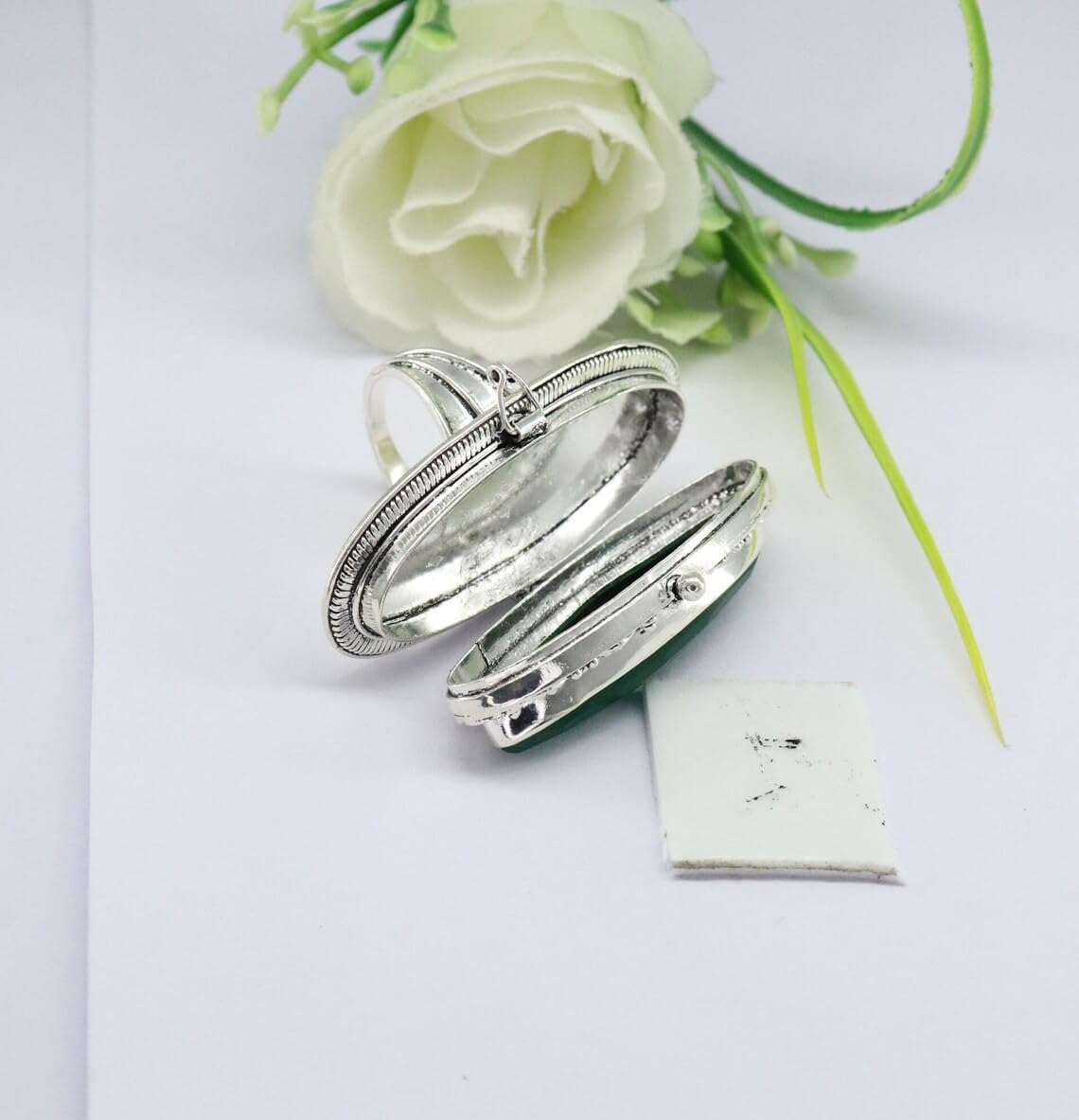 Vintage Poison Ring - 925 Sterling Silver Long Green Onyx Marquis Locket Pill Box Ring, Handmade Antique-Inspired Secret Compartment Jewelry for Women, Unique Gothic Aesthetic Accessory