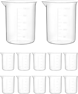 QWORK Plastic Beakers, 250ml, 12 Pieces, Polypropylene, Raised Graduations, Tapered Spout