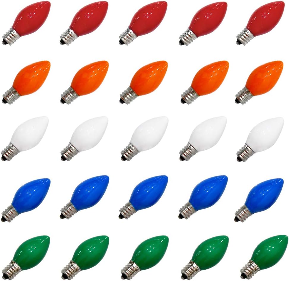25 Pack Christmas Light Bulbs, C7 Ceramic Multi-Color Replacement Bulbs, C7 Outdoor String Lights Replacement Bulbs, C7/E12 Candelabra Base, 5 Watt