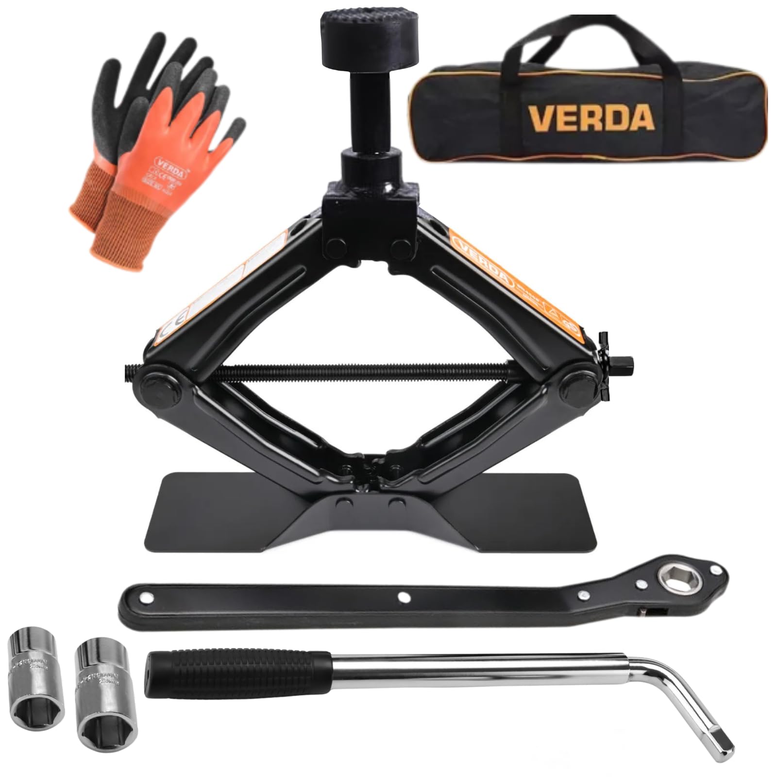 Verda Cric da 2000 kg, 104-425 mm, chiave per dadi + chiave a cricchetto + custodia, cric per auto, piastra in acciaio ingrandita, cric portatile per auto SUV MPV (SN4570)