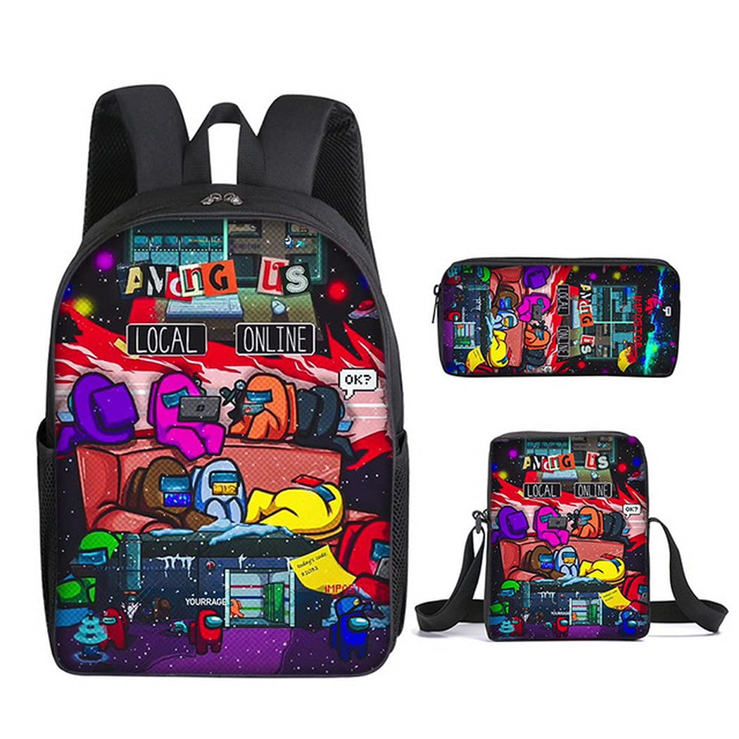 Yinitoo 3Pcs Game Printing Among Us Backpack with Lunch Bag Pencil Case Student Young Teenagers Schoolbag Pocket Bag for Kid Girls Teens Game Fans Gifts (A)