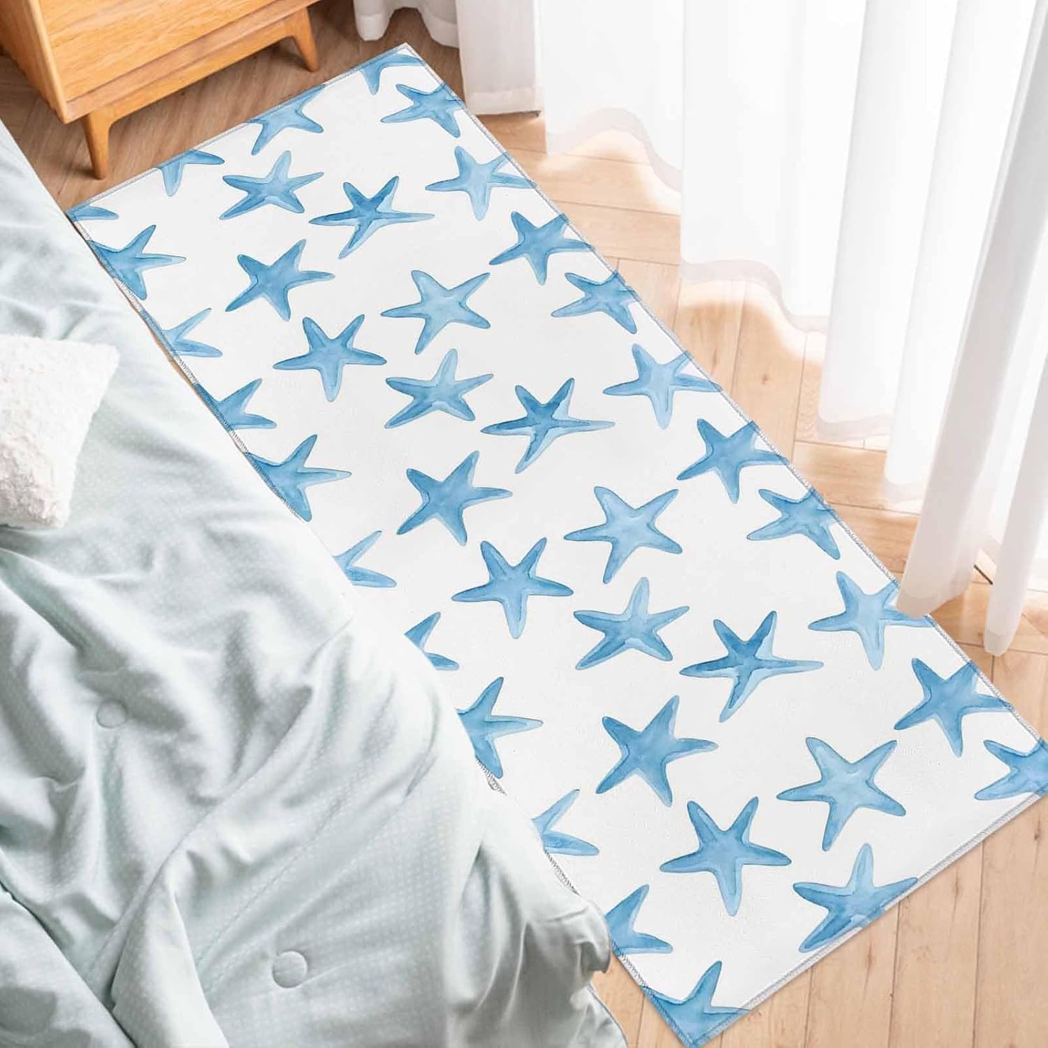 Teamery Kitchen Mats for Floor Marine Blue Starfish Seamless Washable Non Slip Kitchen Rugs 1PCS, Coastal Ocean Creature Absorbent Standing Mats for Sink Bathroom Office Living Room 23.6x70.9in