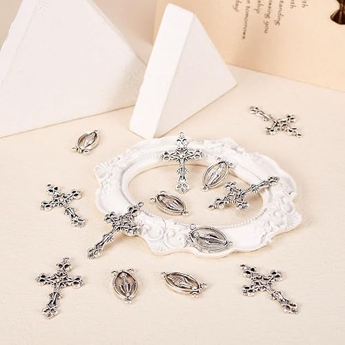 Miniatura 5 de Juego de 10 juegos de cruz de rosario y centro con colgantes de cruz de crucifijo de aleación y eslabones ovales de virgen para collar de cuentas de