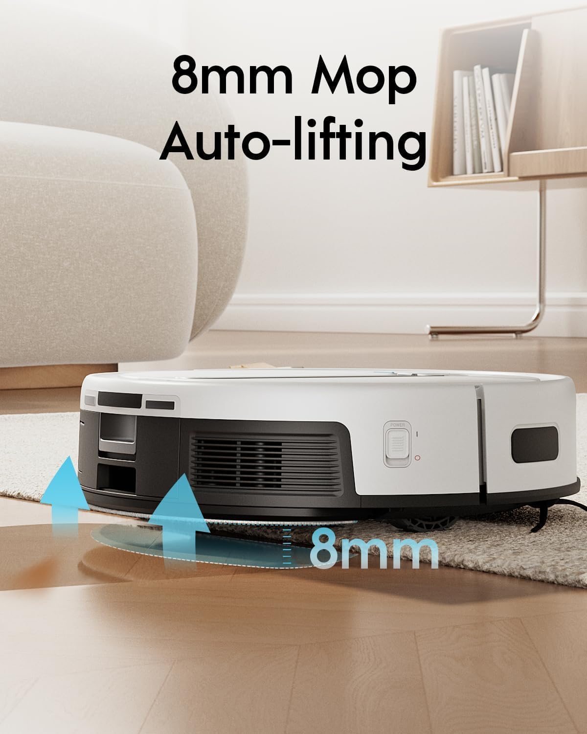 Yeedi Cube Robot Vacuum demonstrating 8mm mop auto-lifting over a carpet