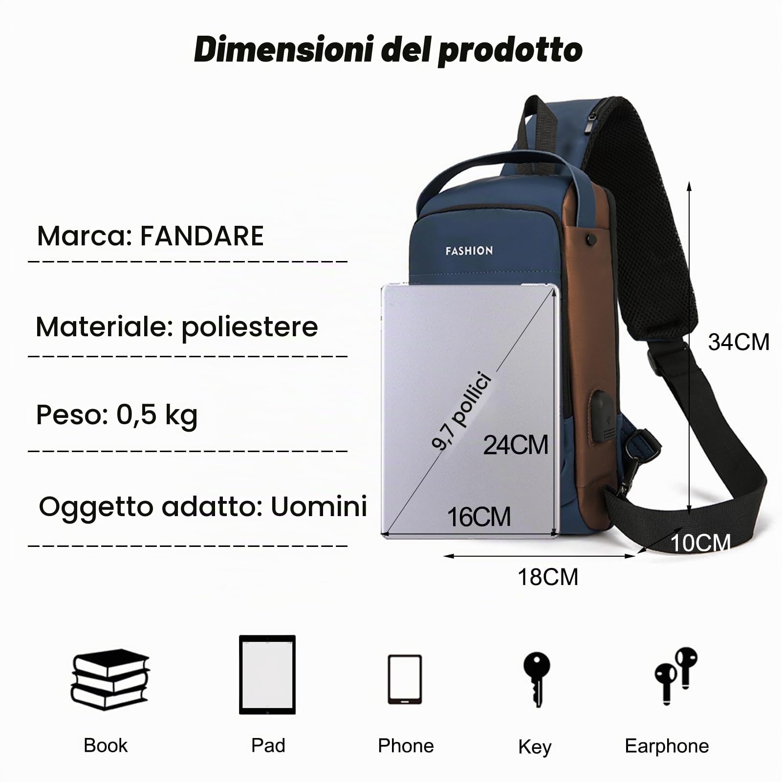 FANDARE Antifurto Zaino a Monospalla Uomo Borsello Tracolla con USB Borse a spalla da palestra Grande Capacità Zaini da escursione Borsa Monospalla per Viaggio Weekend Sling Chest Bag