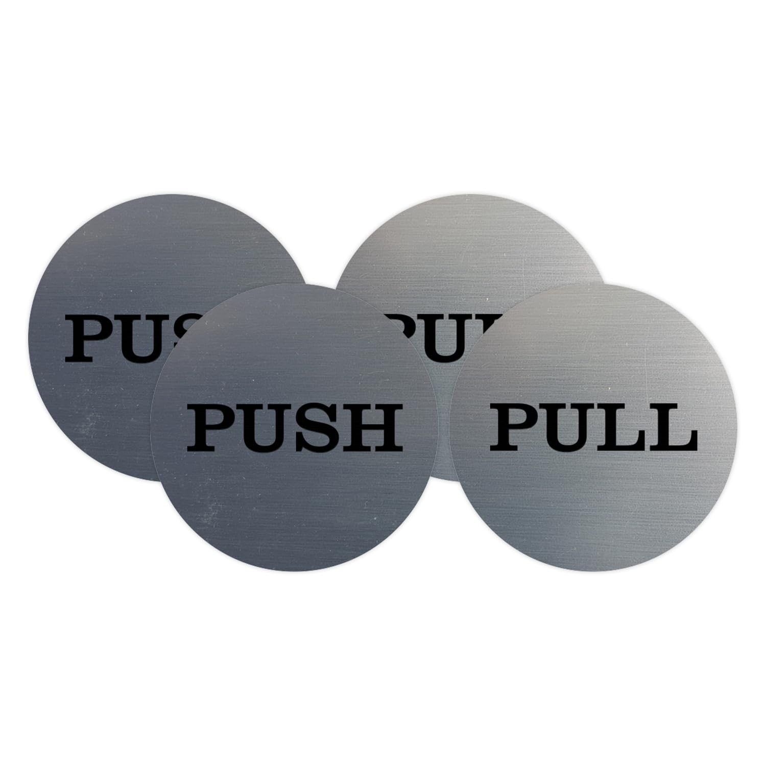 2" Round Push Pull Door Signs (Brushed Silver) - 2 Sets (4pcs)