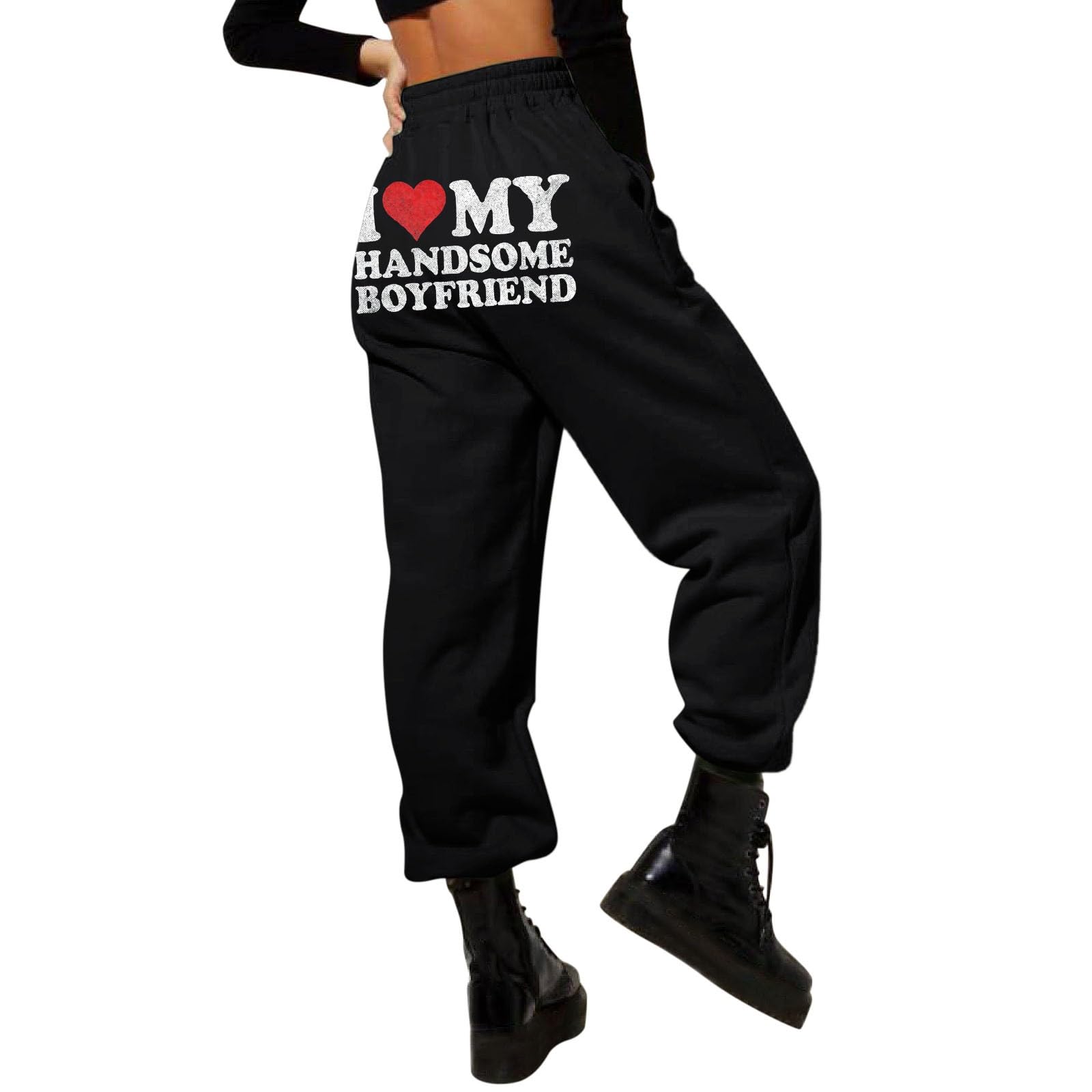 I Love My Hot Handsome Boyfriend Sweatpants for Women High Waisted Letter Graphic Bottoms Drawstring Casual Trousers