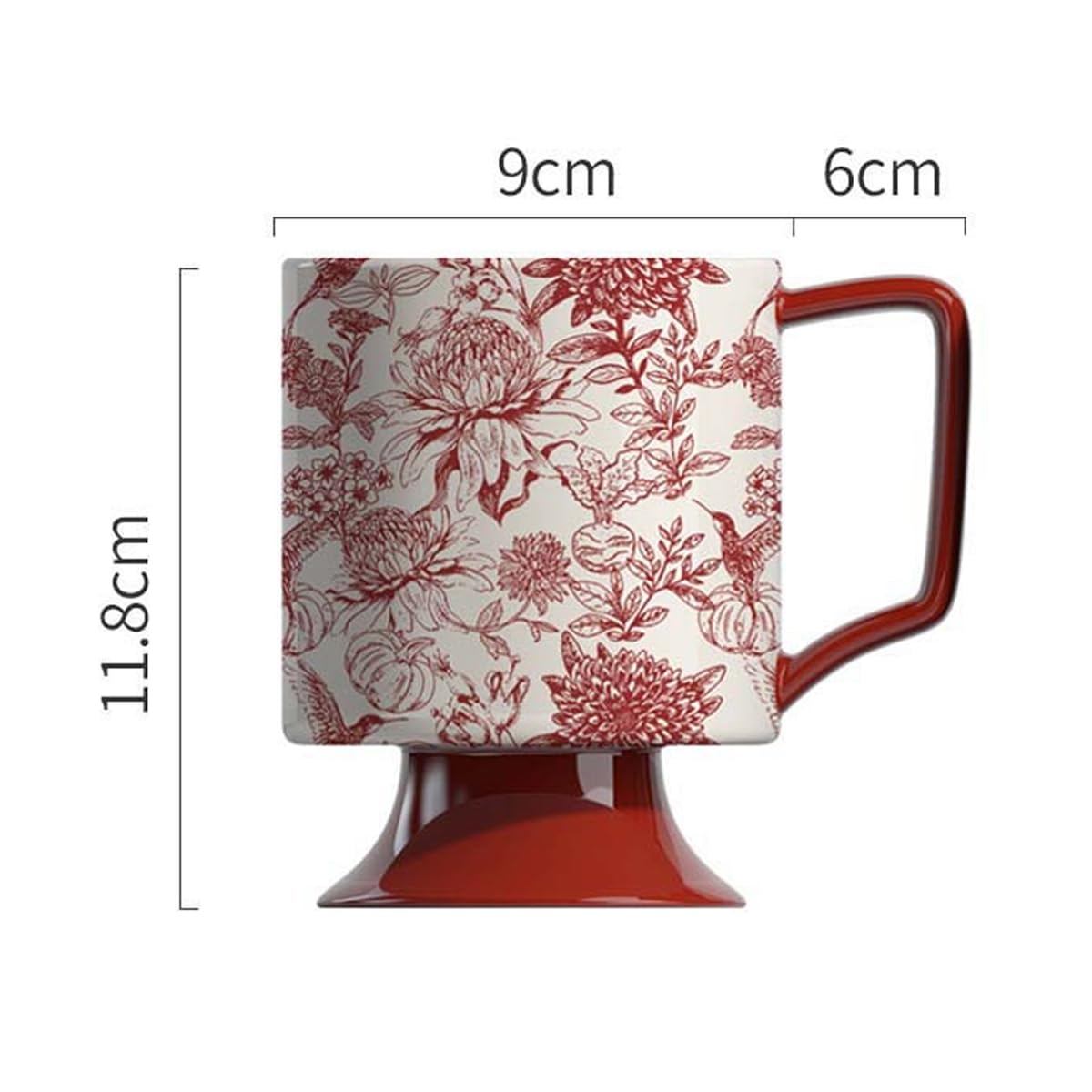 Batum Lot de 2 tasses à café en porcelaine de qualité supérieure - Tasse à boire avec poignée - Tasse en céramique vintage avec base haute - Motif floral - 400 ml (rouge)