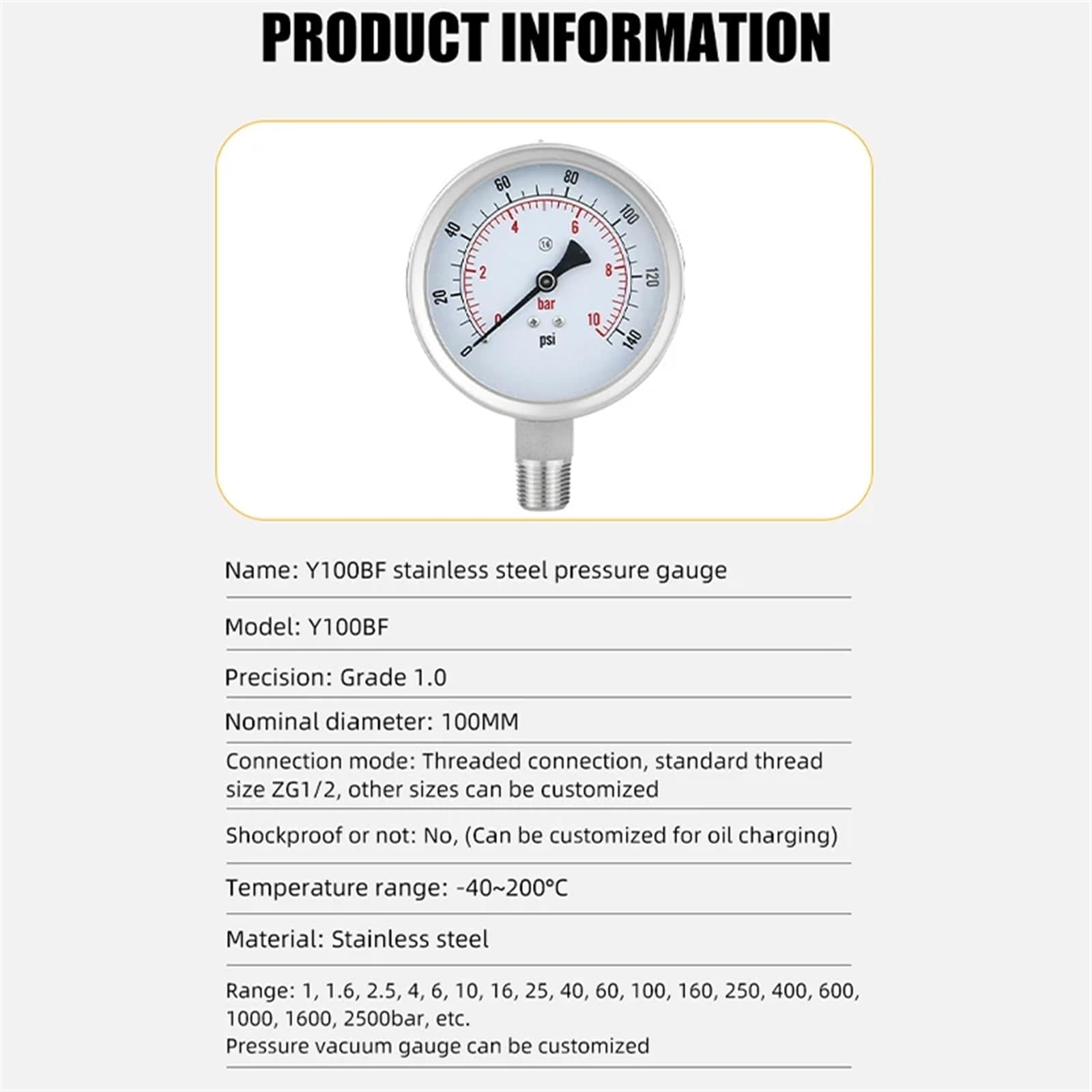 Manómetro de 100,5 mm para Filtro de Tanque, dial de presión de Agua, manómetro hidráulico, Rosca Zg1/2-40-200 ℃, 1-2500 Bar (Color: NPT 1-2 con Aceite, tamaño: 0-6 Bar)