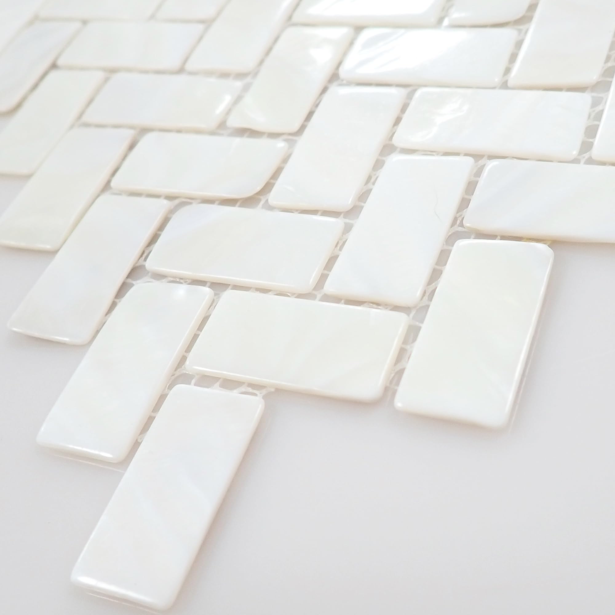 Incudo Pure White Mother of Pearl Herringbone Mosaic Tile - 270x287mm, Mesh Backing - Image 2