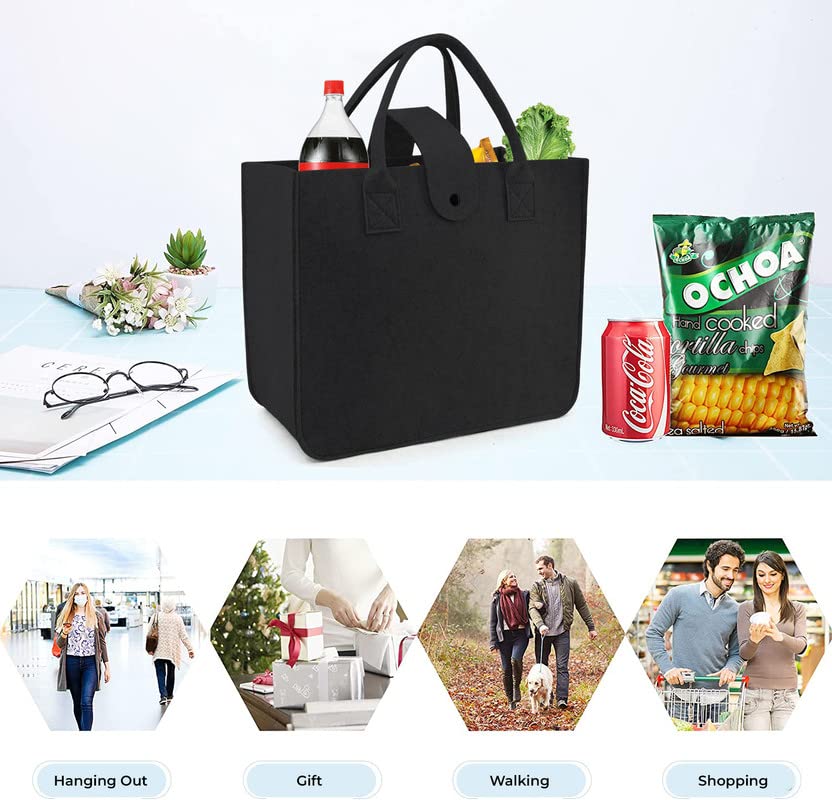Image of Felt Fabric Reusable Shopping Bag with Handle & Button Closure for Grocery, School, Beach, Travel, Study, Gym, Gifts | Size - 30x34.5x17.8cm