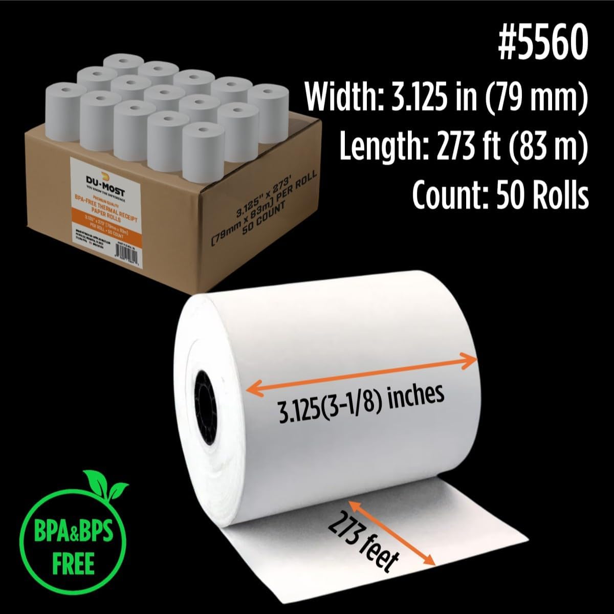 DU-MOST 5560 Thermal Receipt Paper Rolls, 3-1/8" x 273 ft, 50 Pack, BPA & BPS Free Premium POS Cash Register Paper Bulk for POS Cash Register, Receipt Printers