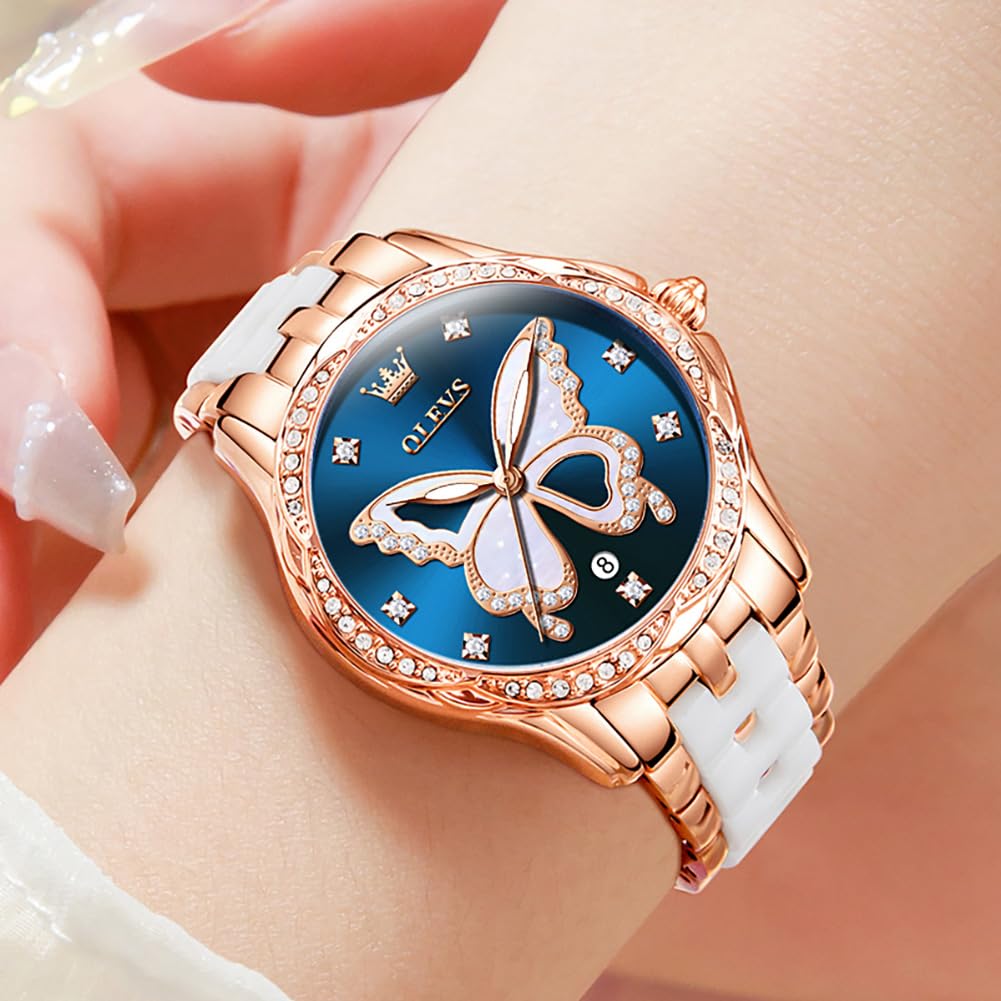 OLEVS Damen-Diamantuhr Elegante Luxus-Armbanduhr Damenuhr aus Roségold mit Keramikglas