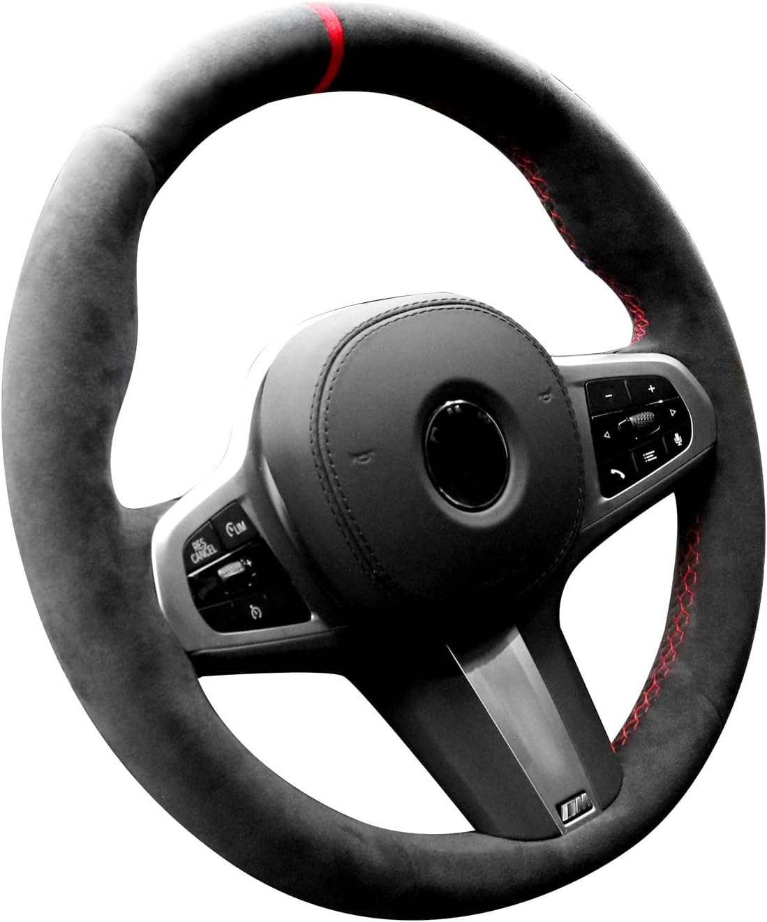 Hand Stitch Sewing Italy Alcantara Car Steering Wheel Cover Wrap for BMW 3 5 7 8Series M2 M3 M4 M5 M6 M7 M8 X3 X4 X5 X6 M X7 Z4Trims (Black Alcantara+Red Stripe)