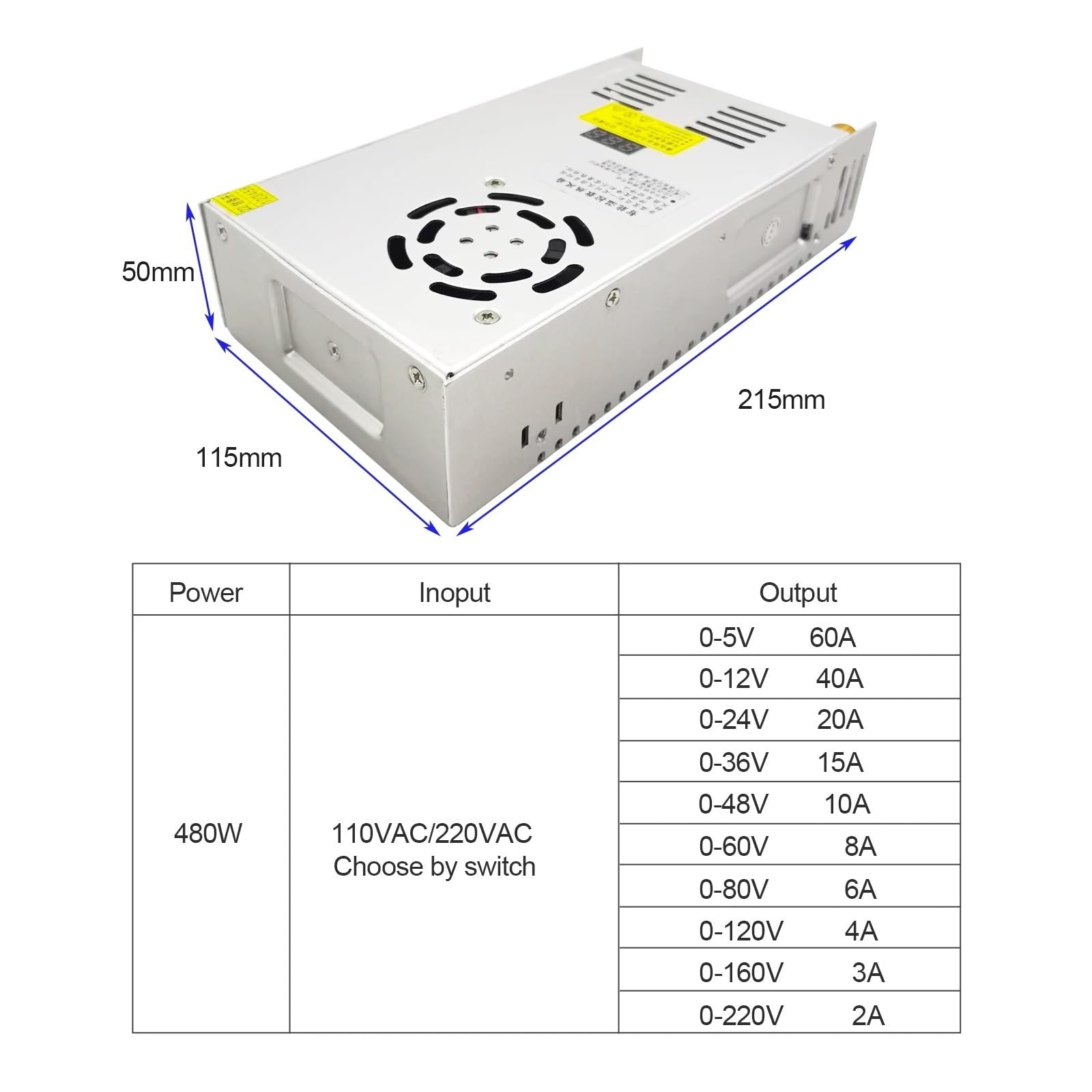 Zasilacz impulsowy, 480W wyświetlacz cyfrowy zasilacz impulsowy regulowane napięcie 0-5V 12V 24V 36V 48V 60v 80V 120v 300V, 24v 20A, 48V 10a(0-5V 60A)