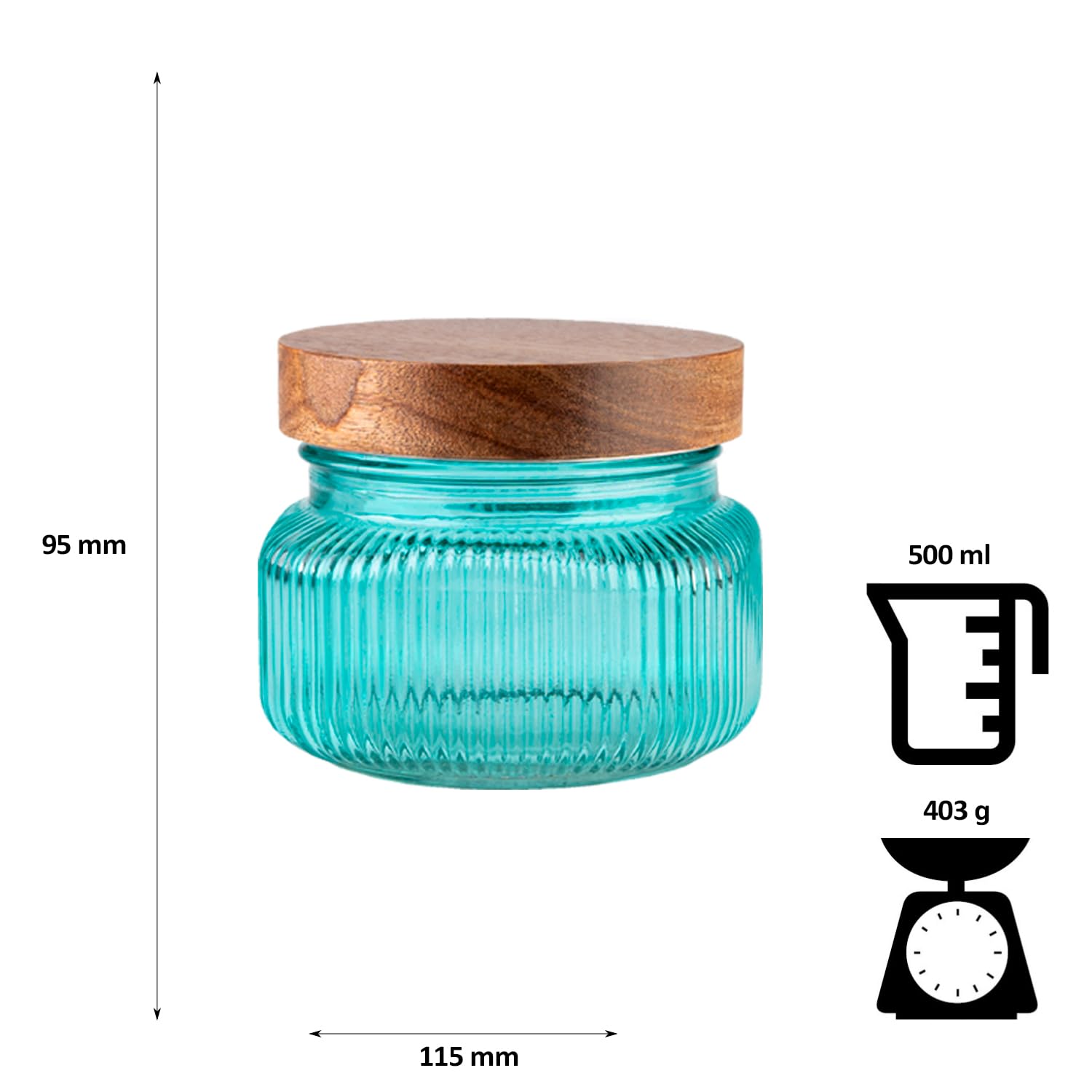 Pojemniki na zapasy ze szkła, zestaw 500 ml, 1000 ml, 2000 ml, 3000 ml, 4 słoiki żebrowane z drewnianymi pokrywkami, dekoracyjne szklane pojemniki na przyprawy, zioła, słodycze, turkusowe
